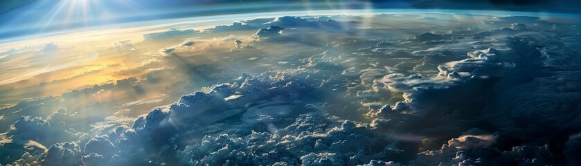 Incorporate Earths atmosphere as seen from a birds-eye view into the design Showcase the layers of clouds, colors, and textures Make it vibrant and captivating for an environmental campaign poster - obrazy, fototapety, plakaty