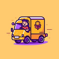 Cute Courier Delivery Package Cartoon  Icon Illustration. People Transportation Icon Concept Isolated Premium Vector. Flat Cartoon Style