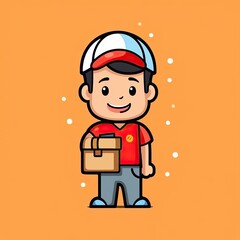 Cute Courier Delivery Package Cartoon  Icon Illustration. People Transportation Icon Concept Isolated Premium Vector. Flat Cartoon Style