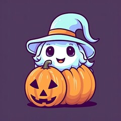 Cute Witch Ghost Holding Pumpkin Halloween Cartoon Vector Icon Illustration. Holiday Halloween Icon Concept Isolated Premium Vector. Flat Cartoon Style