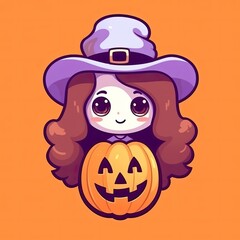 Cute Witch Ghost Holding Pumpkin Halloween Cartoon Vector Icon Illustration. Holiday Halloween Icon Concept Isolated Premium Vector. Flat Cartoon Style