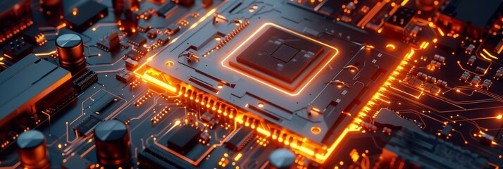 Fototapeta premium Orange processor on a mainboard with glowing lights around it , banner