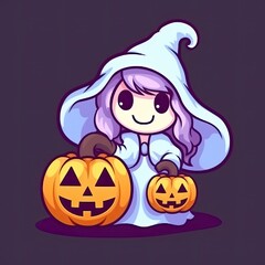 Cute Witch Ghost Holding Pumpkin Halloween Cartoon Vector Icon Illustration. Holiday Halloween Icon Concept Isolated Premium Vector. Flat Cartoon Style