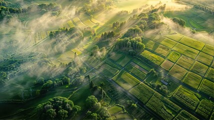 Aerial view of a green landscape with fog rolling through the trees and grass.jpg