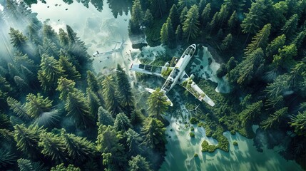 An airplane is seen from above, flying over a dense forest filled with green trees.jpg