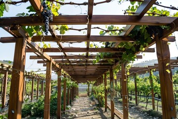 wooden pergola in a vineyard with grapevines overhead