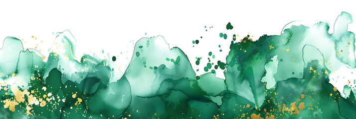 Green watercolor splash with gold accents on transparent background. - obrazy, fototapety, plakaty