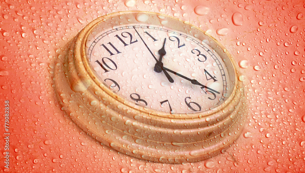 Poster close up abstract raindrops and clock face over red background