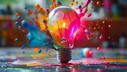 Creative concept light bulb explodes with colorful water colors on a light blue background. Think different, creative idea. Productivity and creativity