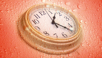 close up abstract raindrops and clock face over red background