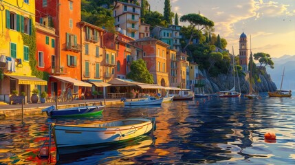Depicts a peaceful harbor with colorful buildings and several boats docked.jpg - obrazy, fototapety, plakaty