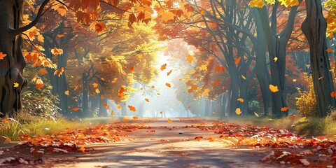 Autumn Leaves on a Tree-Lined Street Generative AI