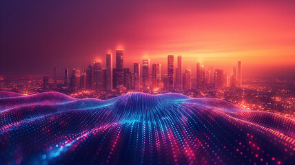 Abstract digital landscape with glowing particles and wave pattern. Futuristic technology concept. Cyber data and network visualization for banner and background ,generative ai