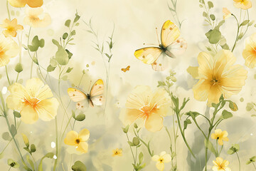 Fototapeta na wymiar Watercolor painting of yellow flowers and butterflies with bokeh effect. Artistic floral design. Spring and nature concept for greeting card and wallpaper design ,generative ai