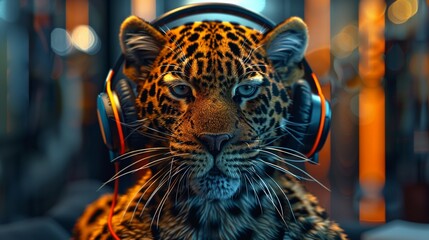 Leopard wearing modern 3D printed headphones, striking a fashion pose 3DCG,high resulution - obrazy, fototapety, plakaty