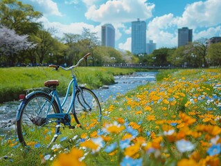 Fototapeta premium Bicycle beside blooming flowers, stream flowing through public park, business district skyline ultra HD,clean sharp focus