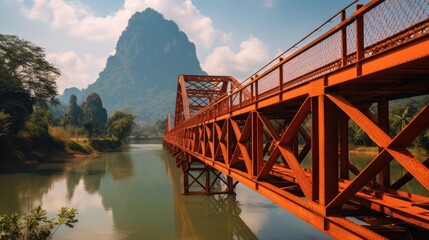 Panorama view of Orange steel bridge across on the river and mountain at countryside, AI-generated - obrazy, fototapety, plakaty