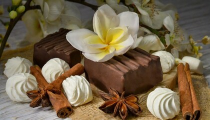 Fototapeta na wymiar Marshmallow chocolate vanilla flower