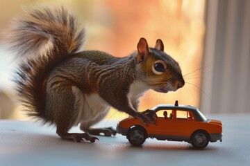 squirrel standing on a toy car as if protecting it