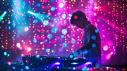 DJ playing music on a live stage with lights and smoke in the background