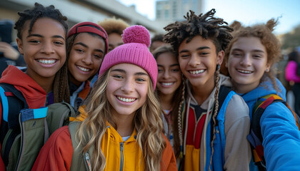 Happy multiracial friends having fun hanging out on city street - Group of young people laughing out loud together outside - Friendship concept with guys and girls enjoying weekend