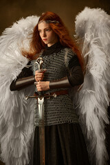Red-haired angelic warrior in chainmail grips sword, poised for mythical battle against vintage...