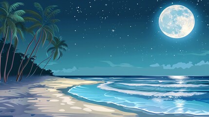 Fototapeta na wymiar Nighttime Beach Scene with Palm Trees and a Full Moon Generative AI