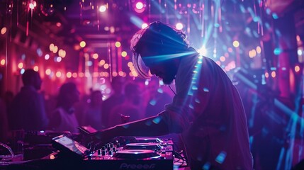 DJ playing music on a live stage with lights and smoke in the background