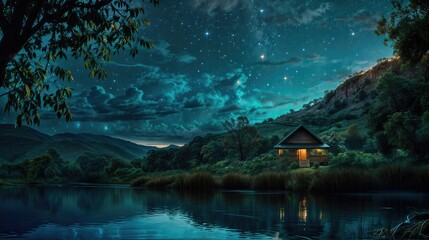 starry sky the scene is serene and peaceful A cozy cabin is lit up on a hillside.jpg - Powered by Adobe