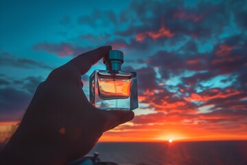 person holding a perfume bottle with a vibrant sunset in the background - obrazy, fototapety, plakaty