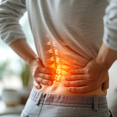 backside of person showing pain at the spine, concept image back pain or dorsal pain