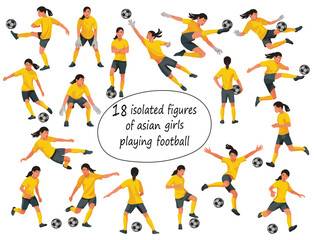 18 Asian teenager girls figures of junior women's football players and goalkeepers in yellow sports uniform jumping, running, catching the ball on white background