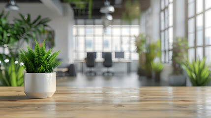 A potted plant placed on a wooden table. Generative AI