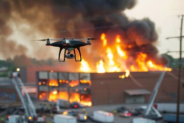 drone capturing aerial view of warehouse fire