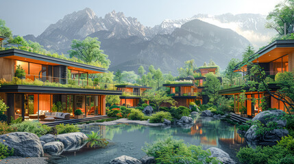 Modern Eco-Living Sustainable Modern Architecture Amidst Mountain Scenery Digital Art Background Poster Brainstorming Card