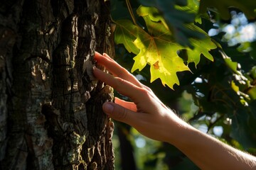 hand touching rough oak bark, with sunlight filtering through leaves