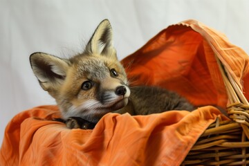 fox cub in a wicker basket with orange cloth lining - obrazy, fototapety, plakaty