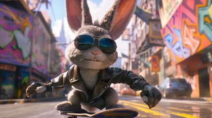 An animated rabbit oozes coolness on a skateboard, sporting a leather jacket and sunglasses against an urban graffiti backdrop.