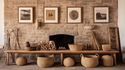 Wooden photo frames, woven baskets, and stone elements in decor