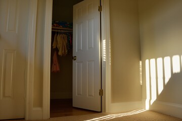 babys closet door halfopen with light spilling out - obrazy, fototapety, plakaty