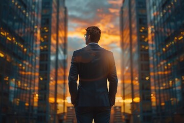 Back of a businessman in suit surrounded with huge business complex offices - obrazy, fototapety, plakaty