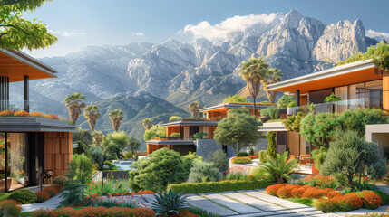 Fototapeta premium Modern Eco-Living Sustainable Modern Architecture Amidst Mountain Scenery Digital Art Background Poster Brainstorming Card