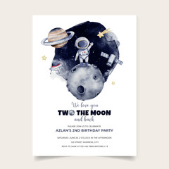 Birthday invitation card with outer space theme background template for baby boy
