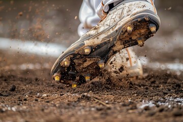 closeup of cleated feet digging into the batters box dirt - obrazy, fototapety, plakaty