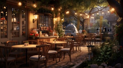 Working in an outdoor cafe with a cozy atmosphere. In the style of hygge - obrazy, fototapety, plakaty