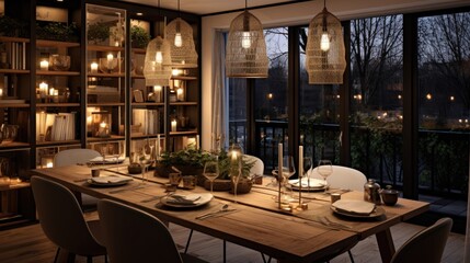 Well-set dining areas with warm lighting for shared meals. In the spirit of hygge. - obrazy, fototapety, plakaty