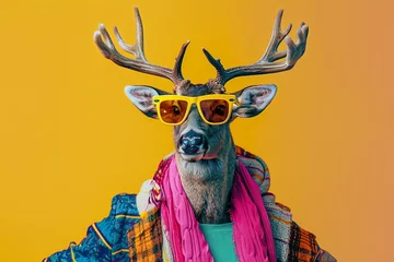 Rolgordijnen Fawn hipster deer in sunglasses and pink scarf on yellow background, anthropomorphism vibe © Igor