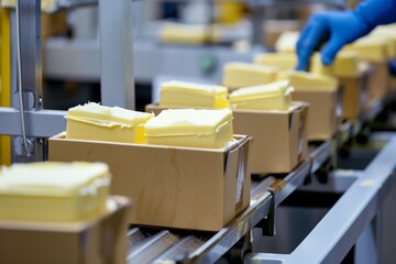 manually packing butter pats into boxes on assembly line - obrazy, fototapety, plakaty