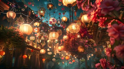 Obraz na płótnie Canvas Contemporary ketupat and lantern lights with balloons and floral decor ai image