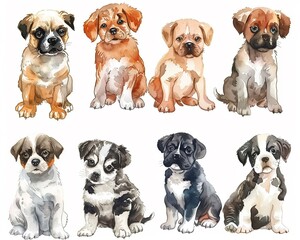 Bright watercolor knolling sheet, cute dogs, lively and cheerful, playful arrangement